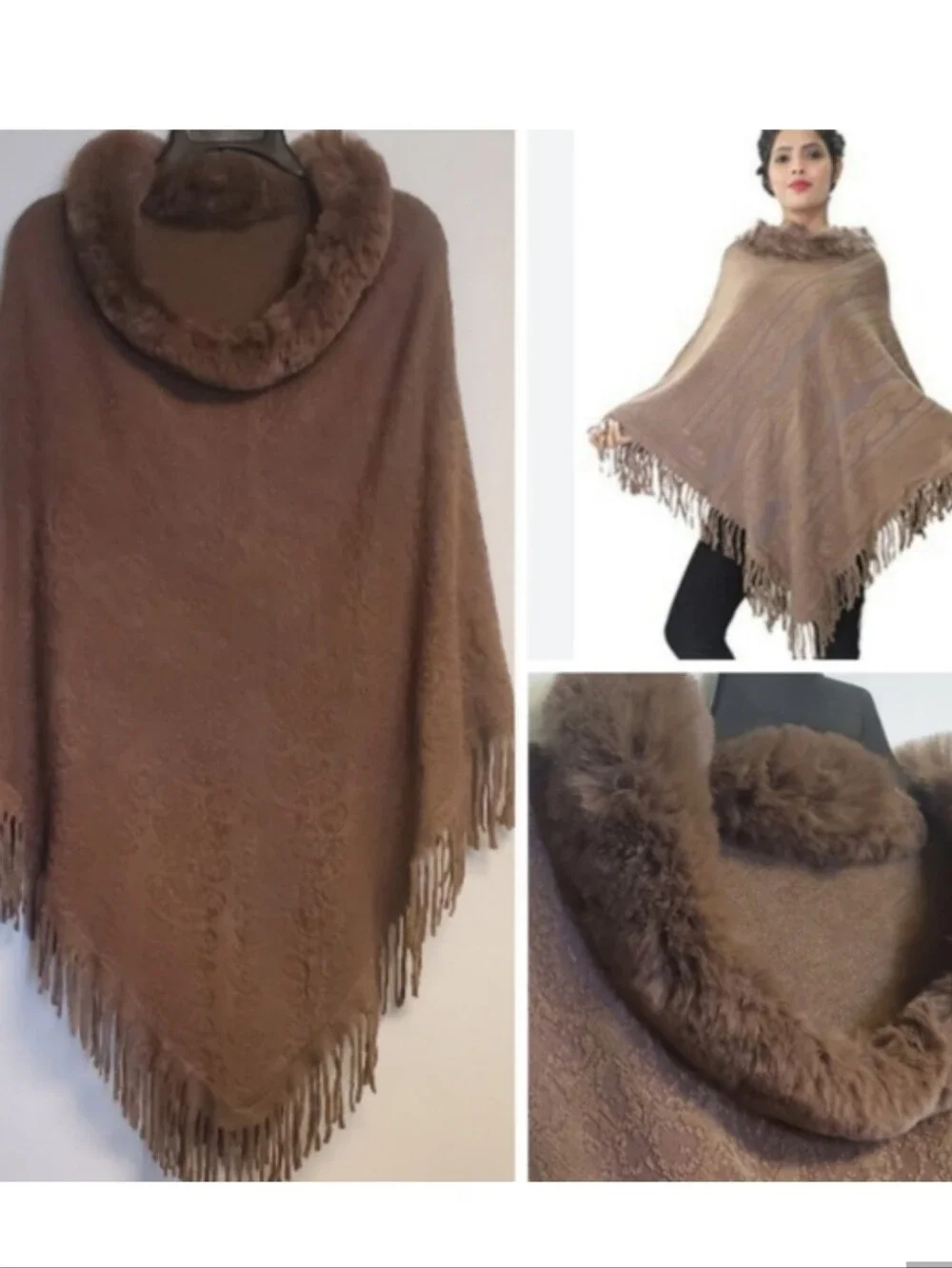 Brown Faux Fur Trim Poncho Cape OS
